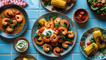 Poster - Barbecued corn and tiger prawns with spicy sauce and herbs. Evening meal, Bird's-eye view, Tiled surface.