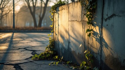 Poster - Textured concrete wall featuring ivy at the top and the silhouettes of bare trees on asphalt.