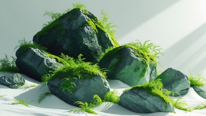 Aufkleber - Lush green moss on a stone, set against a white background