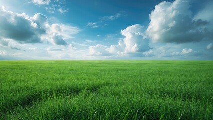 Poster - Lush green grass field under a blue sky with white clouds in a gardening and landscape photograph
