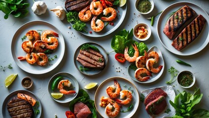 Poster - Assorted grilled fish, seafood, and meat on a light backdrop. Homemade cuisine idea. Aerial view, flat lay.
