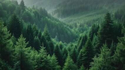 Poster - Close-up of tall pine trees in park hills. Dense cedar forests. Towering firs and woodland backdrop. Vibrant green pine tree forest on the mountainside.