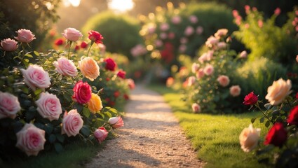 Poster - Lawn and sunlight in a rose garden, blurred nature scenery for website banner