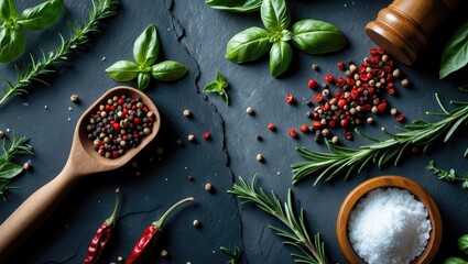 Aufkleber - Top view of basil, rosemary, pepper, and salt cooking on a stone table.