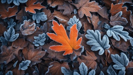 Aufkleber - Autumn oak leaves adorned with initial frost on the soil. Close-up of a textured surface. Top view photography. Aesthetic elements. Nature's beauty.