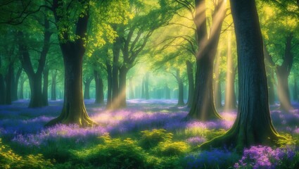Aufkleber - Morning sunlight streaming through fresh crisp air and green beech foliage in a forest renowned for its bluebell blossom carpet during spring