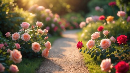 Poster - Rose garden accompanied by a lawn and sunlight, out-of-focus nature background, web banner