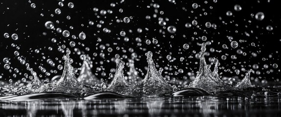 Poster - Water bubbles ascending on a black surface representing the invigorating essence of soda or carbonated drinks and the lively power of liquid fizzing and splashing through air pumping.
