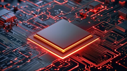 Poster - Futuristic Quantum Computer Core with Glowing Circuits and Entangled Connections in Red