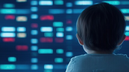 Poster - AI-Driven Digital Stock Trading Floor with Colorful Displays and Child Observation