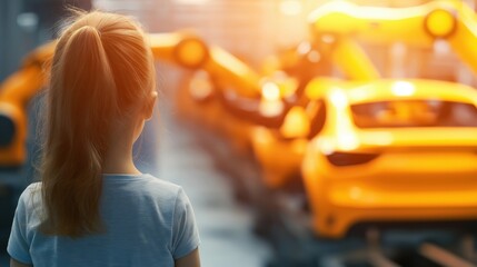 Poster - Child Observing AI-Powered Robotic Arms in Futuristic Car Assembly Line