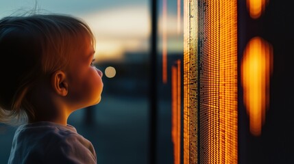 Poster - child observing digital display with stock market data and financial graphics at sunset