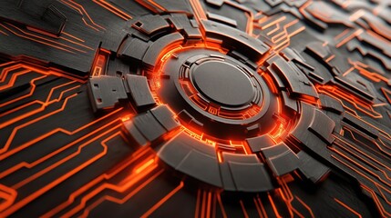 Poster - Glowing Cybernetic Lock Design with Abstract Circuit Patterns in Vibrant Orange and Black