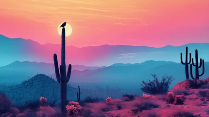 Wall Mural - Sunset golden light illuminating silhouetted Saguaro cacti, lone bird resting against dramatic Arizona desert skyline, vibrant gradient hues spreading across arid landscape