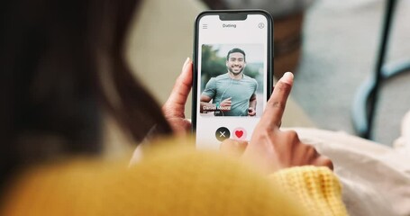 Poster - Dating app, phone and swipe with person hand at home with online website, mobile and scroll. Digital, relax and love search with technology for date, romance and lounge with potential match on screen