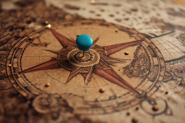 Poster - Close-up of a turquoise pin on an antique compass rose, detailed map background, suggesting journey, exploration, or discovery