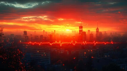 Poster - Futuristic city skyline with glowing pulse and digital overlays in vibrant orange and blue tones, symbolizing technology and data