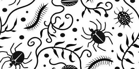 Poster - Black and White Insect and Vine Pattern: A stylish black and white pattern featuring stylized insects and vines, perfect for textile design or wallpaper.