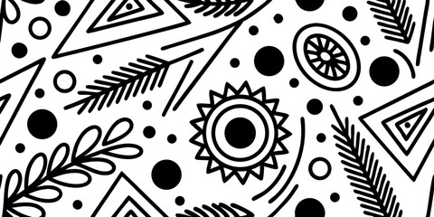 Poster - Abstract Geometric Pattern: A captivating black and white abstract design, showcasing a harmonious composition of triangles, circles, lines, and organic shapes.