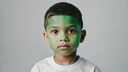 Poster - A young boy with green paint on his face, perfect for Halloween or Mischief Night themes.