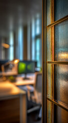 Poster - Blurred office background, focus on textured glass partition, brass frame, showcasing modern workspace design, symbolizes professionalism and contemporary aesthetics