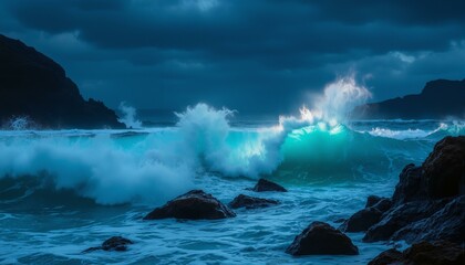  Turbulent ocean waves crash against dark cliffs under a stormy sky, lit by flashes of lightning.