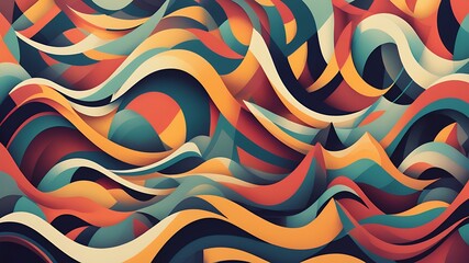 Poster - Abstract wavy pattern with teal orange and burgundy flowing shapes creating a dynamic design