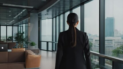 Aufkleber - A woman in a professional attire looks out an office window, possibly contemplating her day.