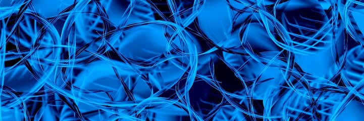 Poster - Abstract blue swirling lines and shapes creating a complex interwoven pattern on dark background