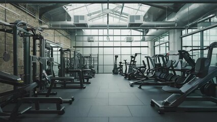 Poster - Gym interior with various exercise machines and free weights.