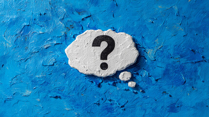 Poster - White thought bubble with black question mark on blue textured background, representing inquiry, uncertainty, or a question needing answer