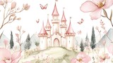 Royal fantasy castle princess charm watercolor pink dream magic childhood illustration fairy tale