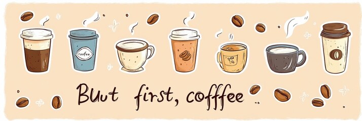 Aufkleber - Coffee lovers sticker set featuring cups, beans, and motivational quotes on a soft brown background