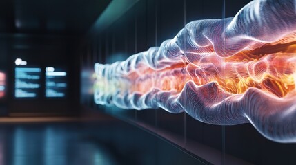 Poster - Dynamic digital visualization of energy flow modern exhibition space abstract art futuristic environment close-up perspective