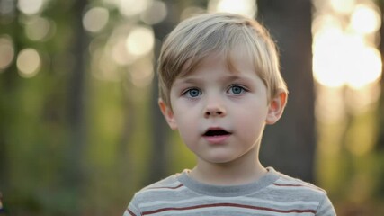 Poster - A young boy with striking blue eyes standing among trees in a forest.