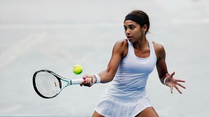 Poster - A woman wearing a white dress plays tennis on a outdoor court.