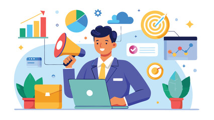 Poster - Professional man using laptop to analyze data and present marketing strategies with charts and graphics in a modern office setting