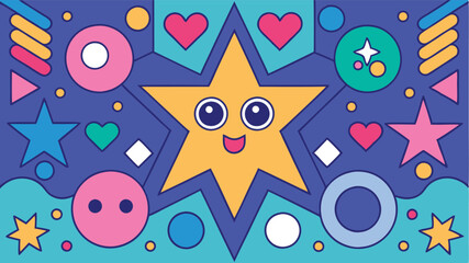Poster - Bright and cheerful vector illustration featuring various playful shapes, smiling faces, and vibrant colors on a deep blue background