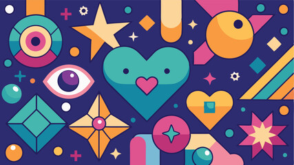Poster - Bright and cheerful vector illustration featuring various playful shapes, smiling faces, and vibrant colors on a deep blue background