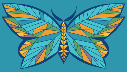 Poster - Colorful geometric butterfly illustration showcasing vibrant patterns and bold shapes against a teal background