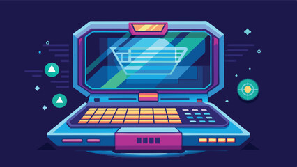 Poster - Modern vector illustration of a futuristic laptop design with vibrant colors and a sleek, open display, showcasing advanced technology and digital innovation