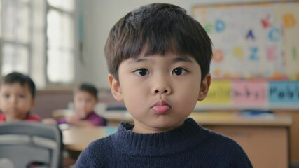 Poster - A young student sticking his tongue out in a school classroom setting.