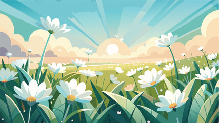 Poster - Vibrant spring landscape with blooming flowers under a clear blue sky at sunrise in a serene countryside setting