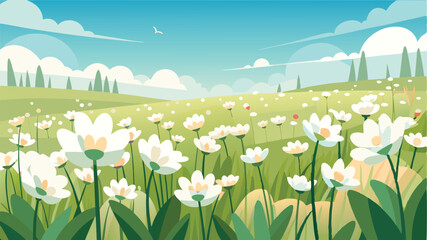 Poster - Vibrant spring landscape with blooming flowers under a clear blue sky at sunrise in a serene countryside setting