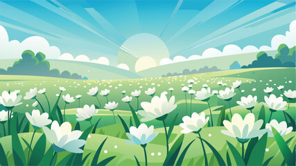 Poster - Vibrant spring landscape with blooming flowers under a clear blue sky at sunrise in a serene countryside setting