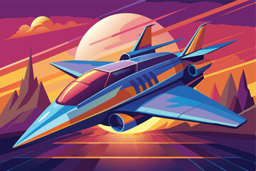 Poster - Futuristic jet aircraft soaring through vibrant skies with dynamic colors in a high-speed flight
