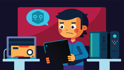Fototapete - Young boy explores technology in a colorful illustration featuring computers and gadgets in a cozy workspace