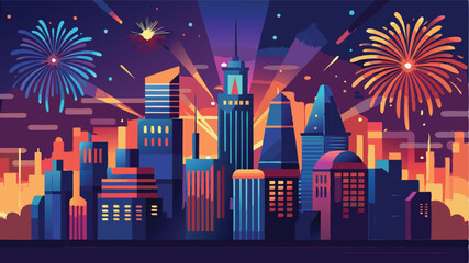 Aufkleber - Colorful skyline celebration with fireworks over modern cityscape at night, featuring prominent buildings and vibrant colors