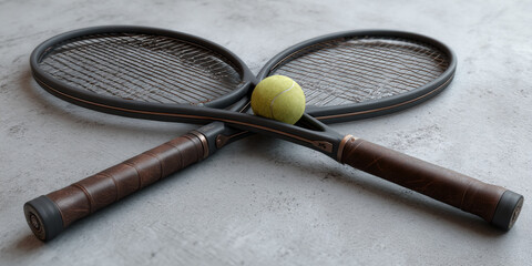 Leinwandbilder - Two tennis rackets with brown leather grips and a tennis ball on a gray surface, showcasing elegance and sport, ideal for sports or lifestyle themes