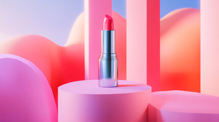 Poster - A pink lipstick on a pink pedestal with pink and white geometric shapes in the background art design